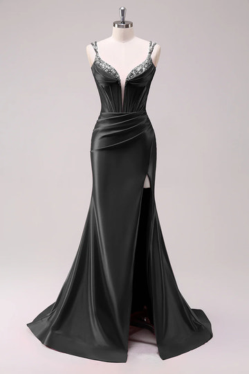 Luxury Mermaid Plunge Beaded Formal Corset Satin Evening Gown Train Slit LaceUp Back Prom Dress