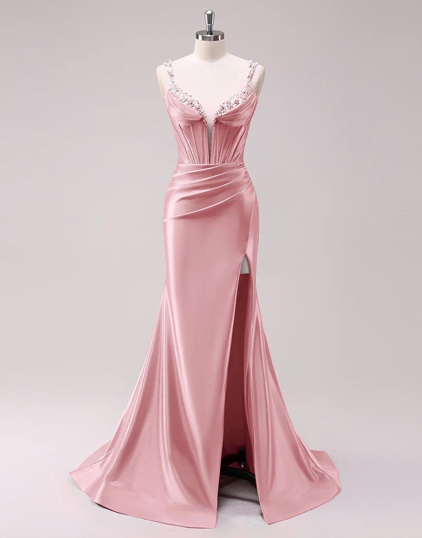 Luxury Mermaid Plunge Beaded Formal Corset Satin Evening Gown Train Slit LaceUp Back Prom Dress
