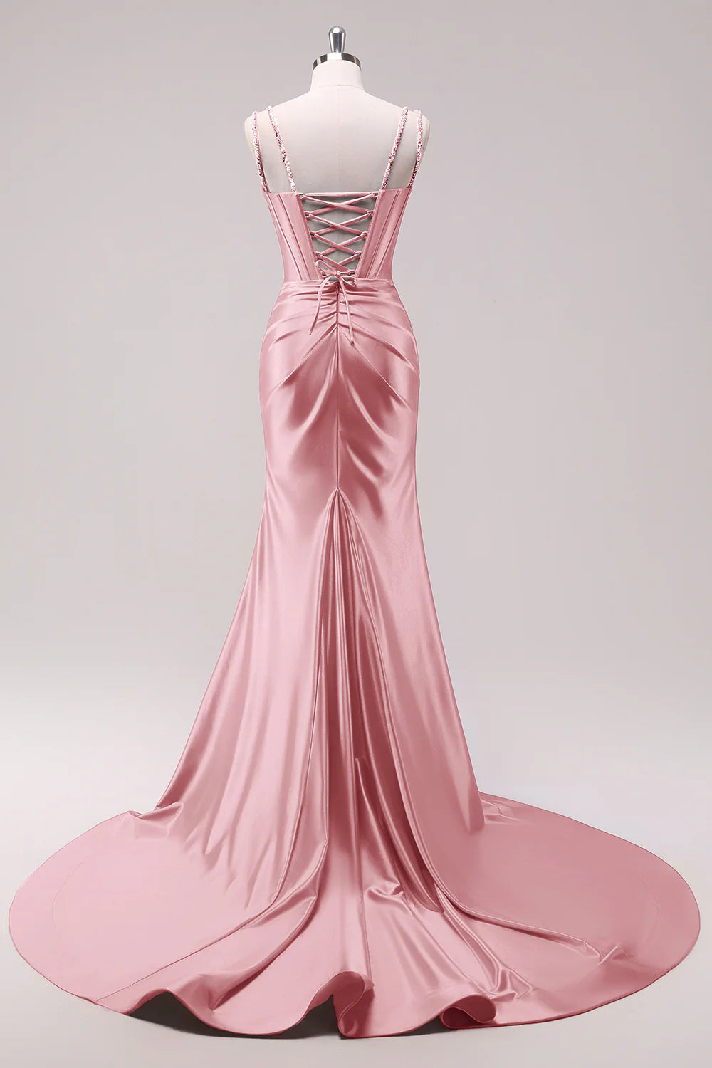 Luxury Mermaid Plunge Beaded Formal Corset Satin Evening Gown Train Slit LaceUp Back Prom Dress