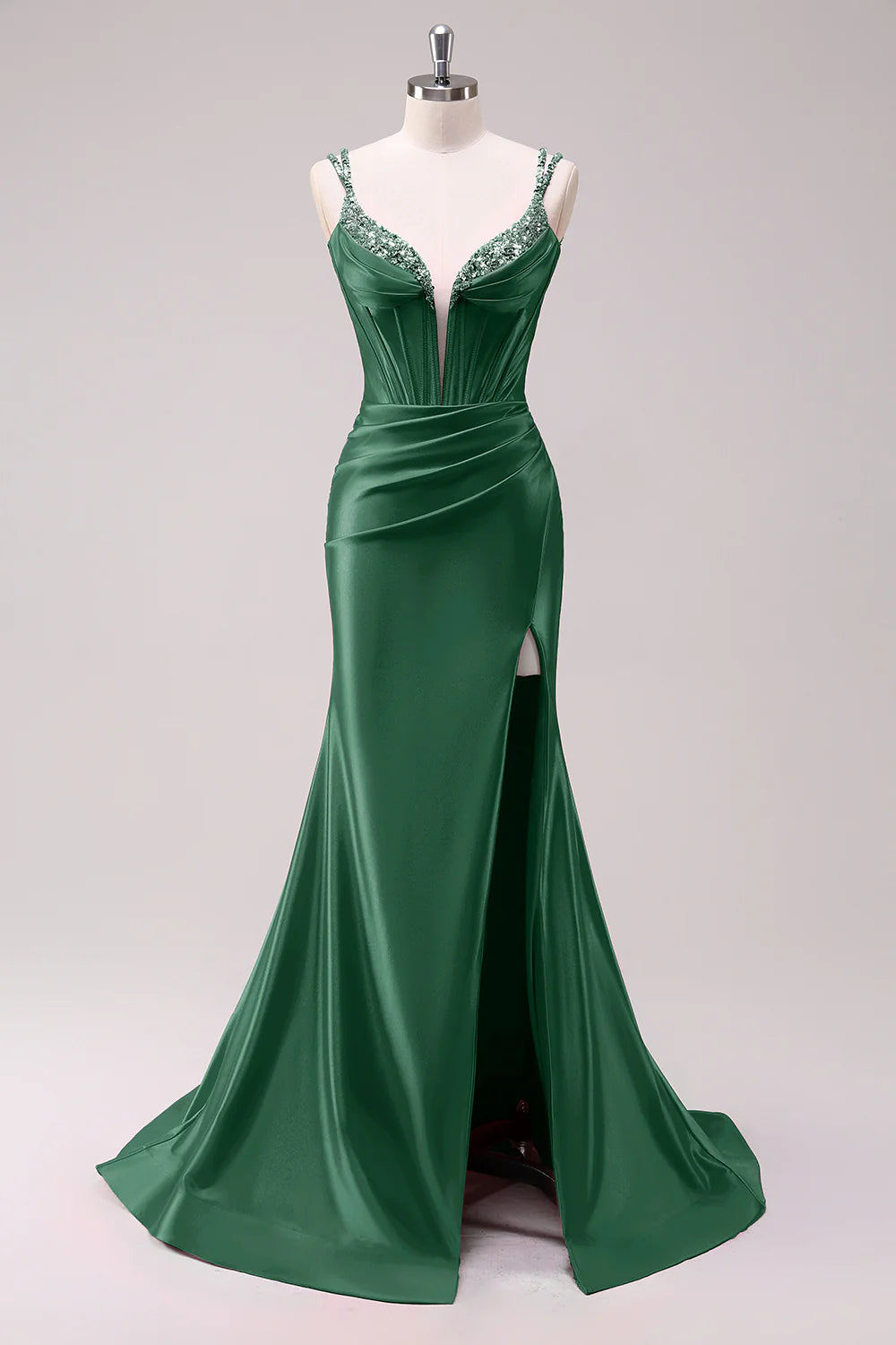 Luxury Mermaid Plunge Beaded Formal Corset Satin Evening Gown Train Slit LaceUp Back Prom Dress