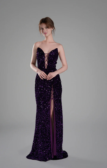 Luxury Mermaid Strapless Sleeveless Sequin Floor Length Lace-Up Slit Evening Gown