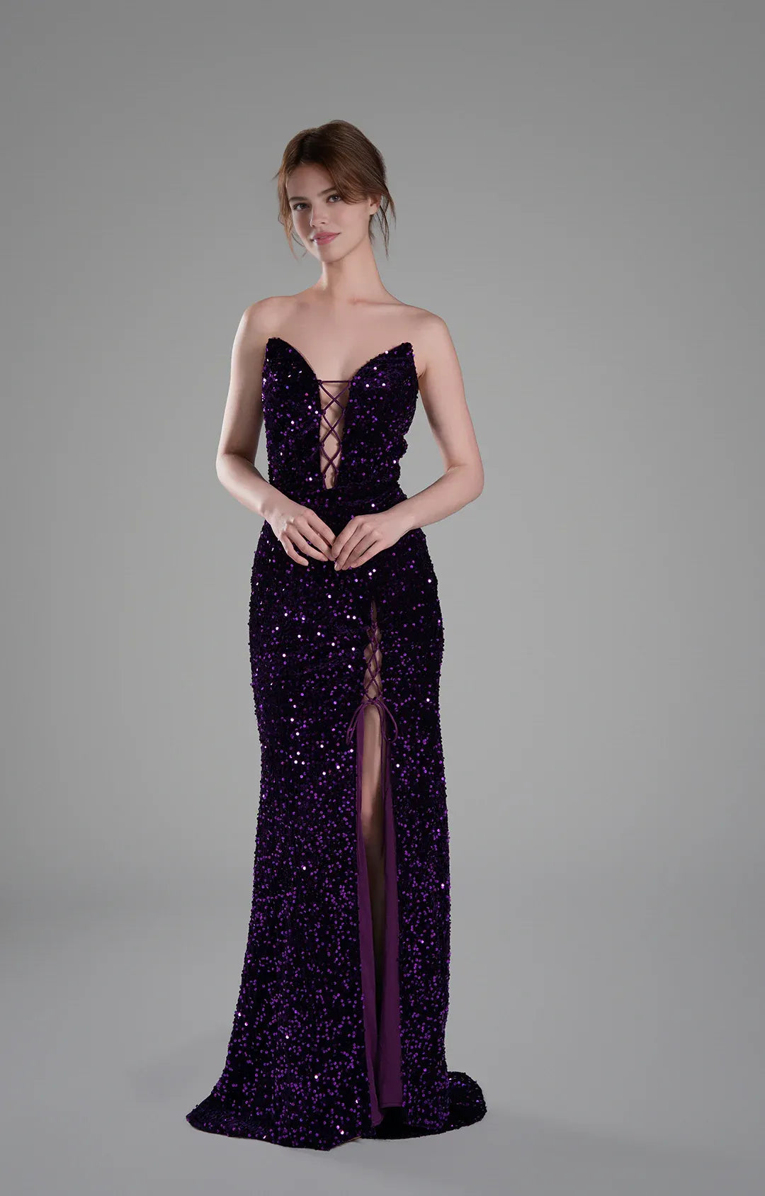 Luxury Mermaid Strapless Sleeveless Sequin Floor Length Lace-Up Slit Evening Gown