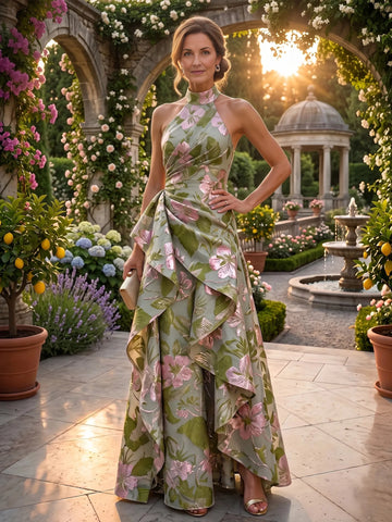 Vedress green floral jacquard mother of the bride dress halter neck sleeveless a‑line ruffle floor‑length garden wedding gown