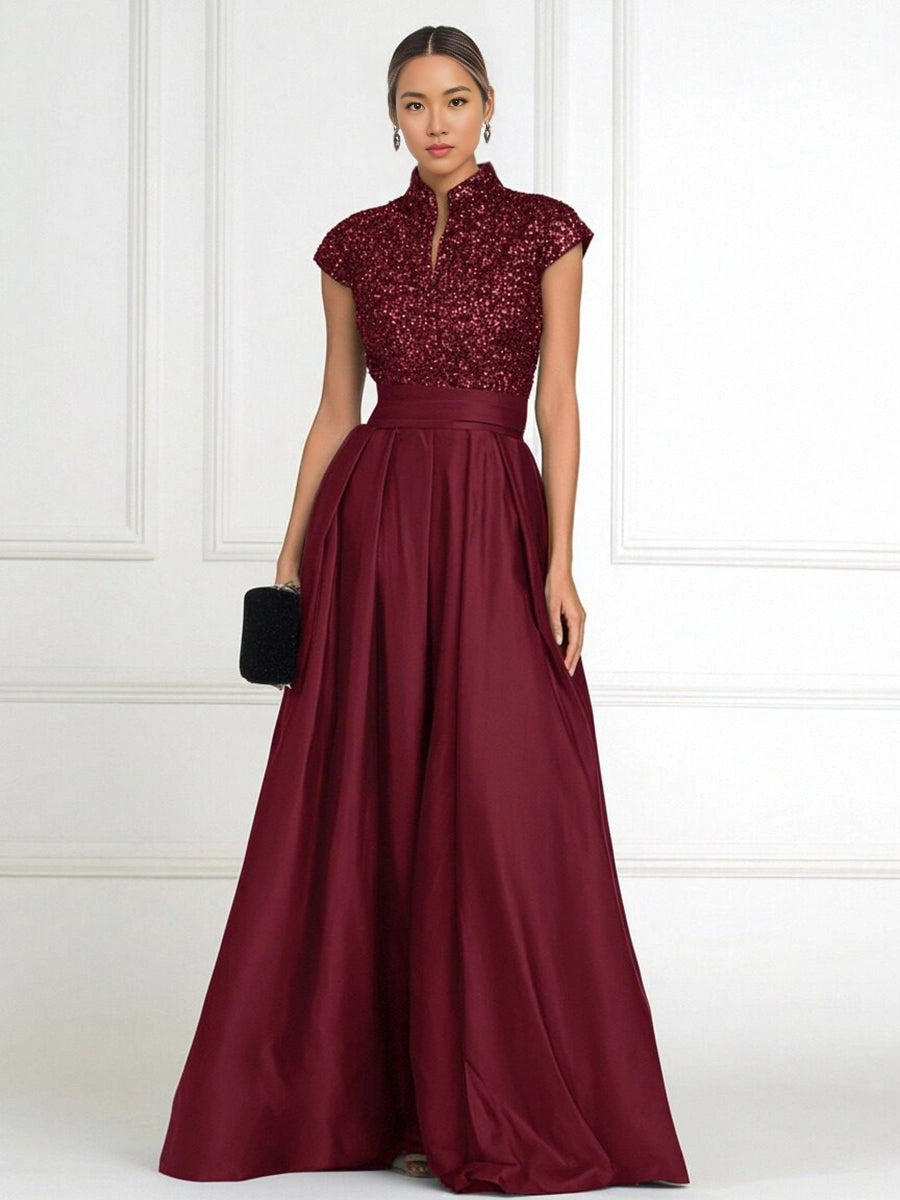 vedress burgundy plus size mother dress high neck cap sleeve sequin bodice satin a-line floor gown