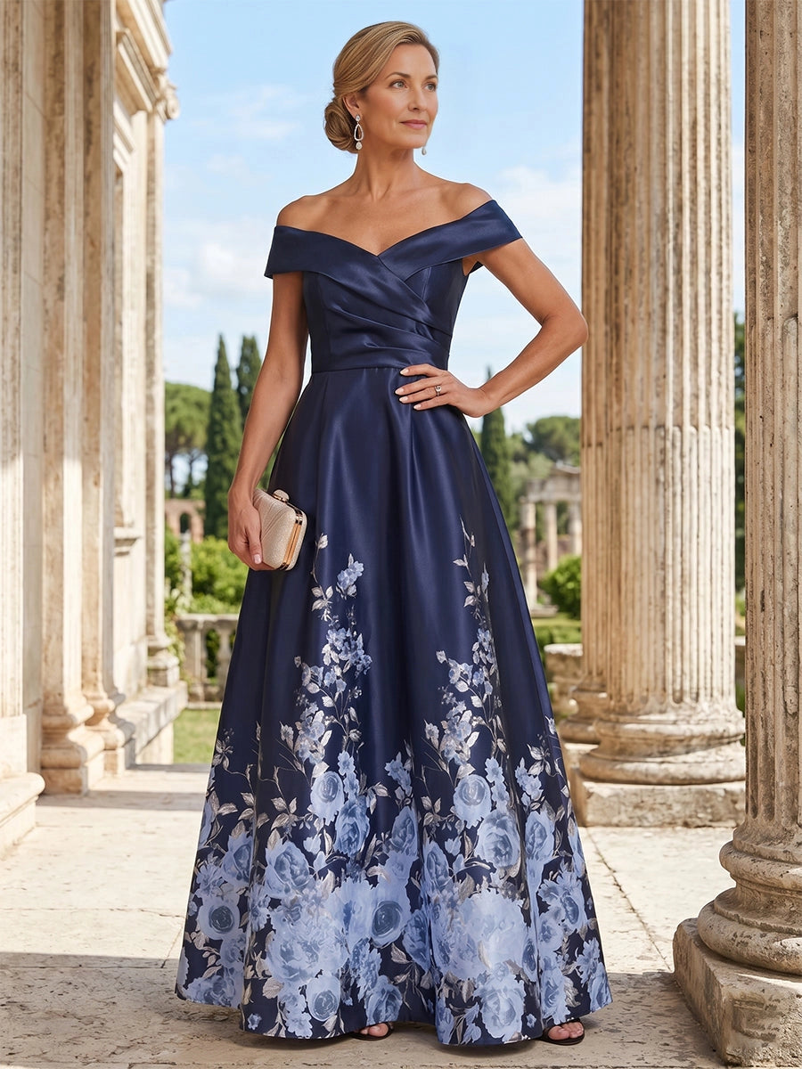 Vedress navy satin floral print off‑the‑shoulder mother of the bride dress