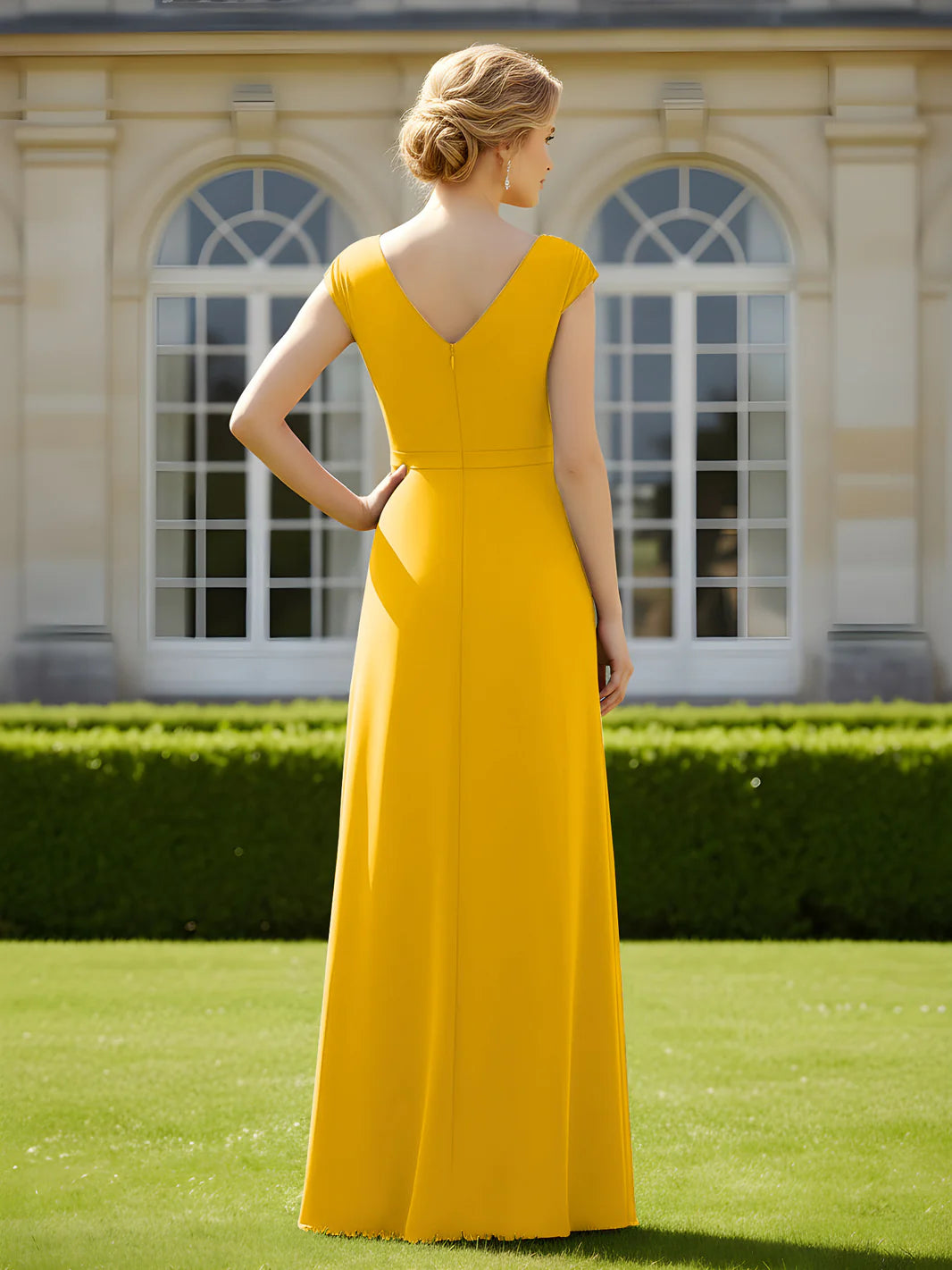 V-Neck Cap Sleeve Chiffon Evening Gown Formal Mother of the Bride Dress