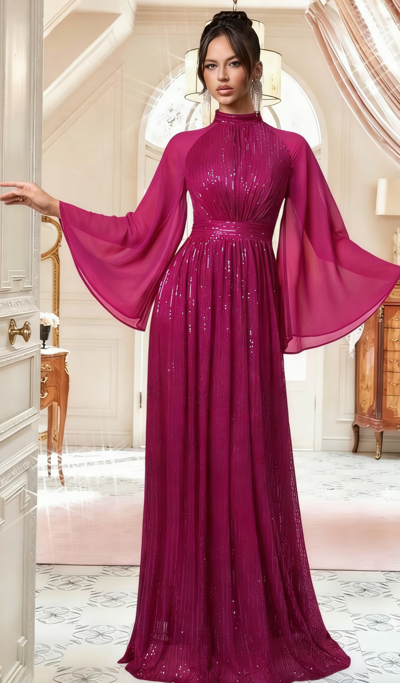 Women's High-Neck Sequin Evening Gown with Long Sleeve Chiffon Cape Floor length Evening Gown Prom Dress