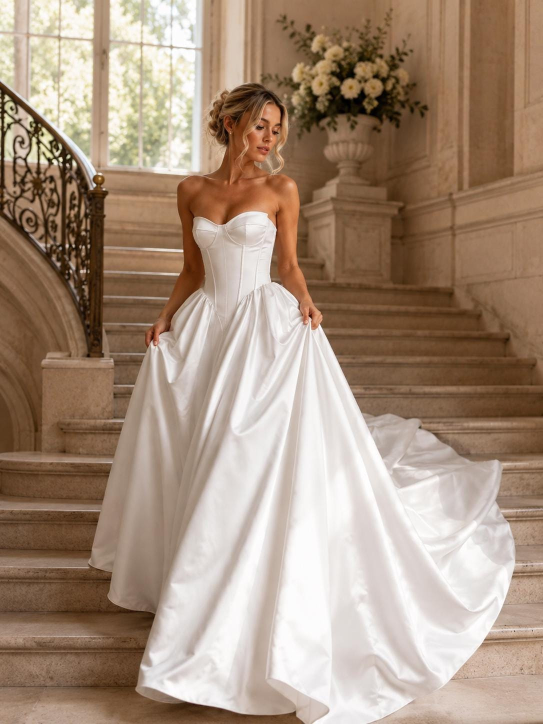 Vedress elegant corset satin ballgown wedding dress sweetheart strapless cathedral train luxury manor bridal gown