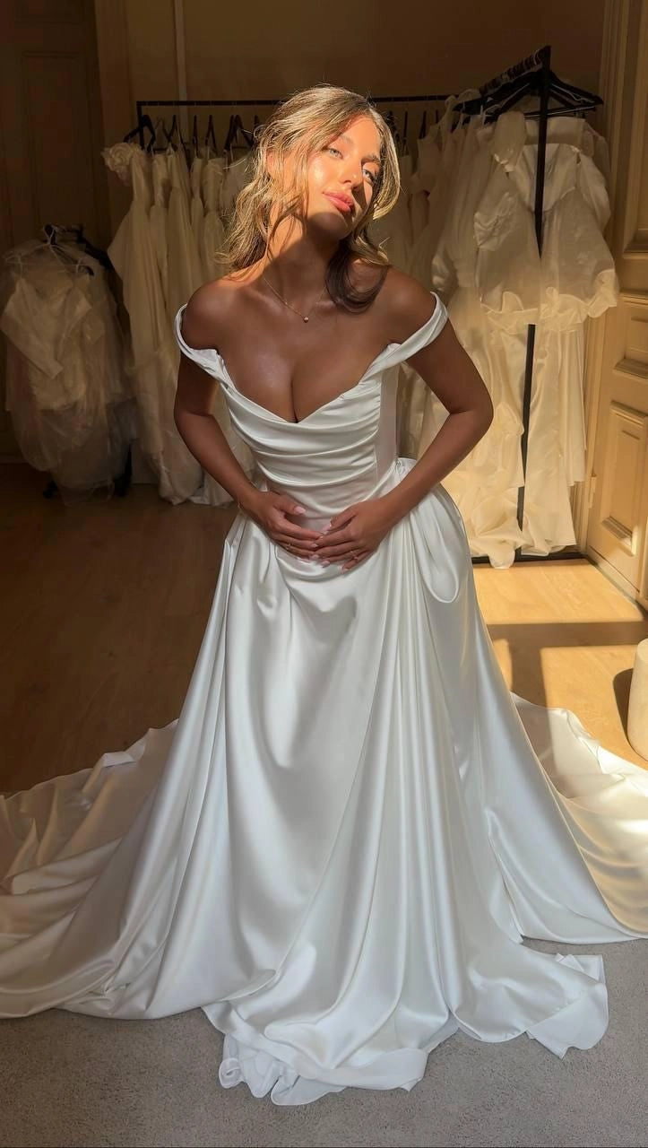 Elegant A-Line Off Shoulder Cowl Neck Lace Up Back Train Wedding Dress