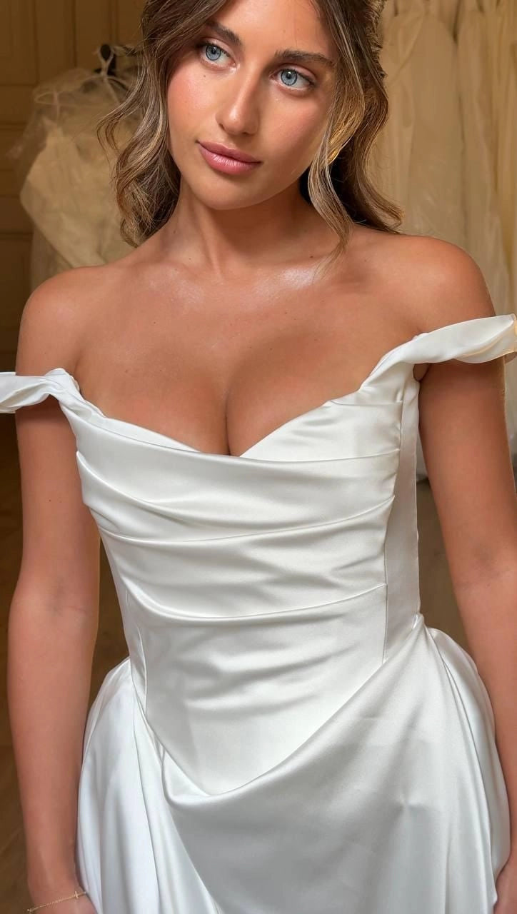 Elegant A-Line Off Shoulder Cowl Neck Lace Up Back Train Wedding Dress
