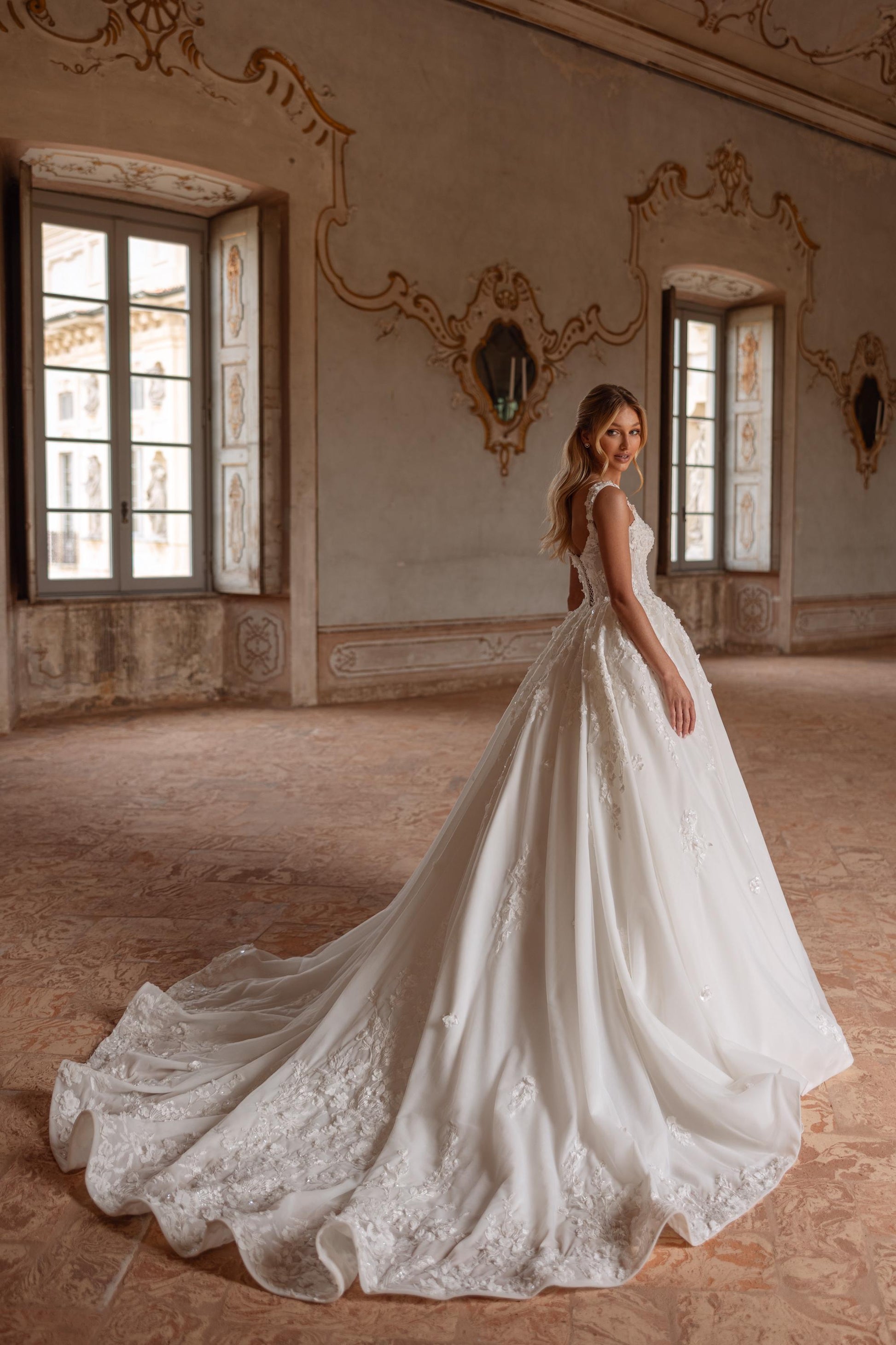 Luxury Ballgown V-neck Spaghetti Strap Sheer Back Cathedral Train Wedding Dress