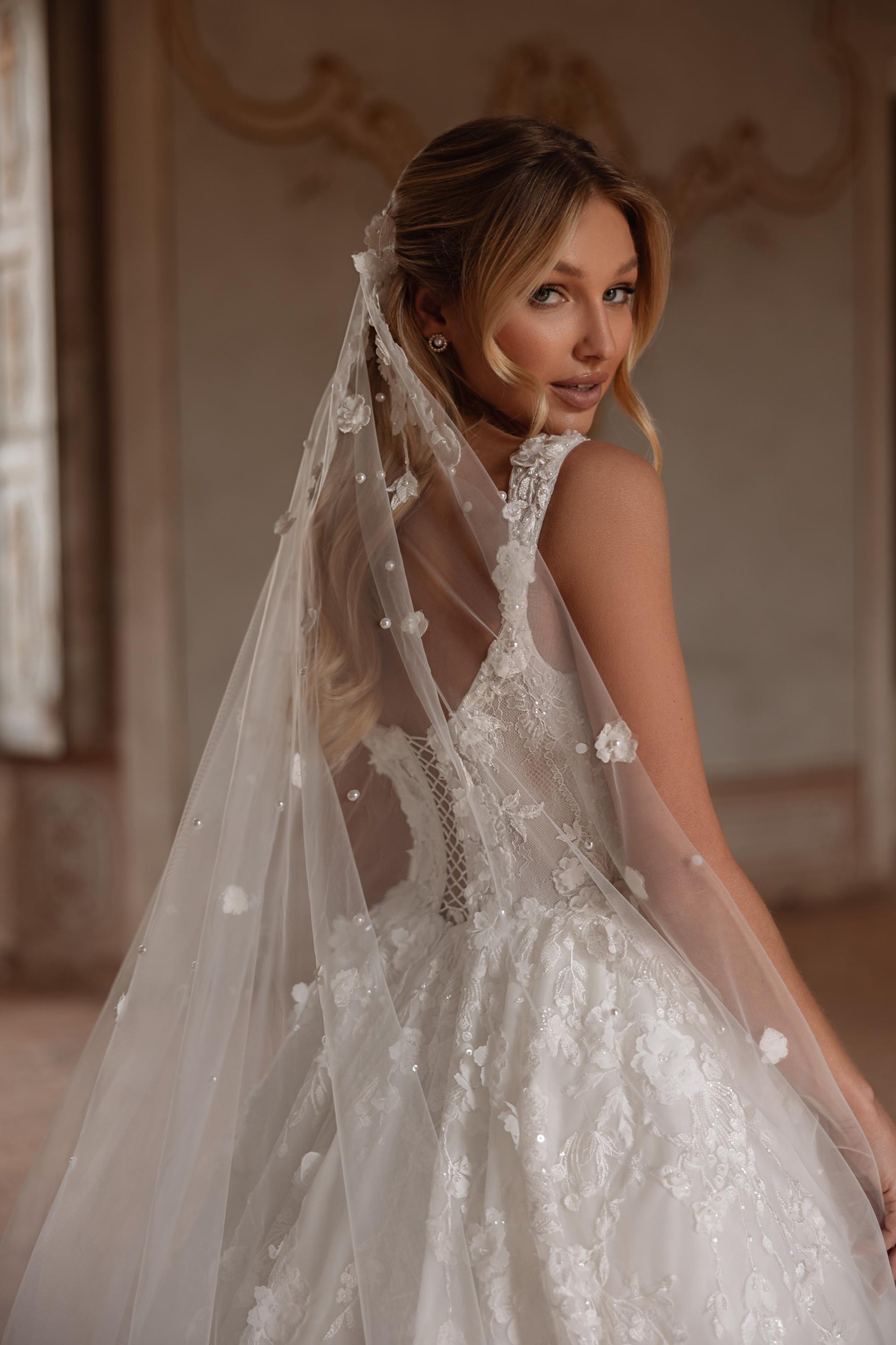 Luxury Ballgown V-neck Spaghetti Strap Sheer Back Cathedral Train Wedding Dress