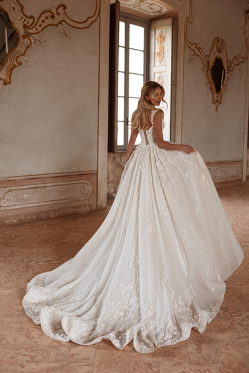 Luxury Ballgown V-neck Spaghetti Strap Sheer Back Cathedral Train Wedding Dress