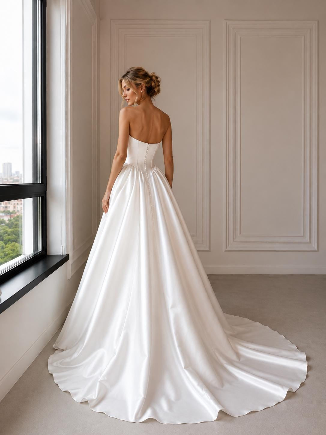 Elegant Ballgown Sweetheart Strapless Sleeveless Button Back Cathedral Train Wedding Dress