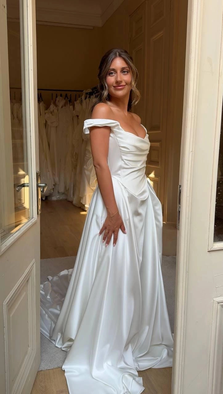 Elegant A-Line Off Shoulder Cowl Neck Lace Up Back Train Wedding Dress
