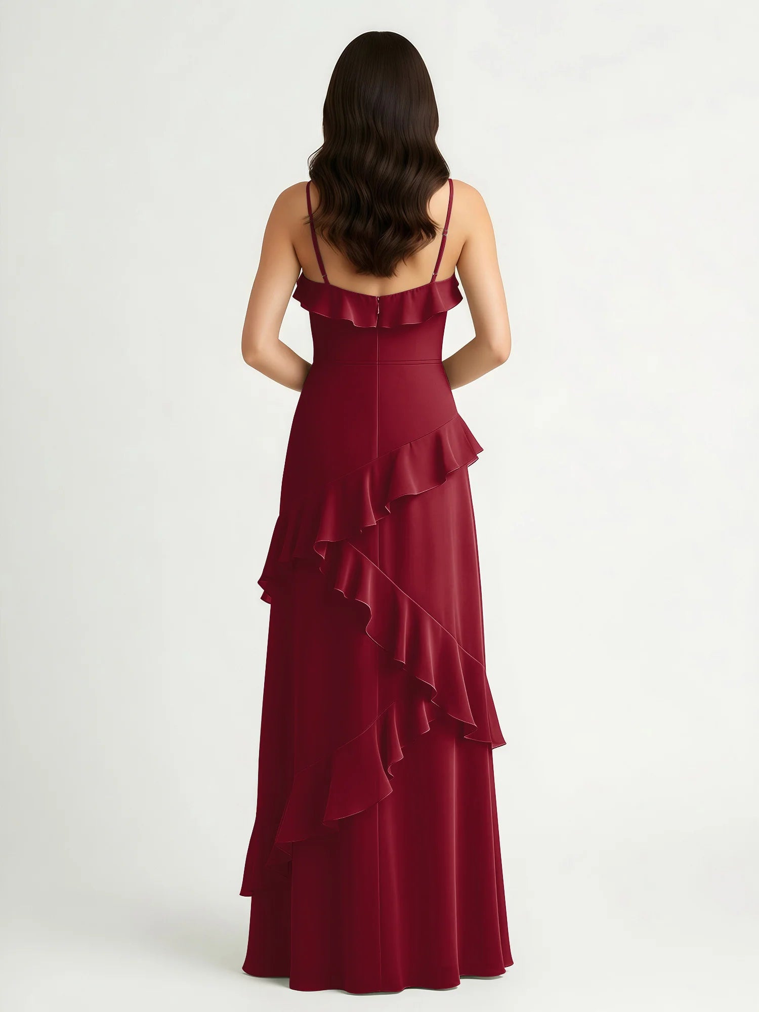 Vestido largo de dama de honor de chifón con cuello de pico, tirantes finos y volantes asimétricos