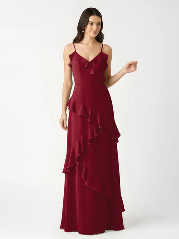 Spaghetti Strap V-Neck Asymmetrical Ruffle Chiffon Bridesmaid Maxi Dress