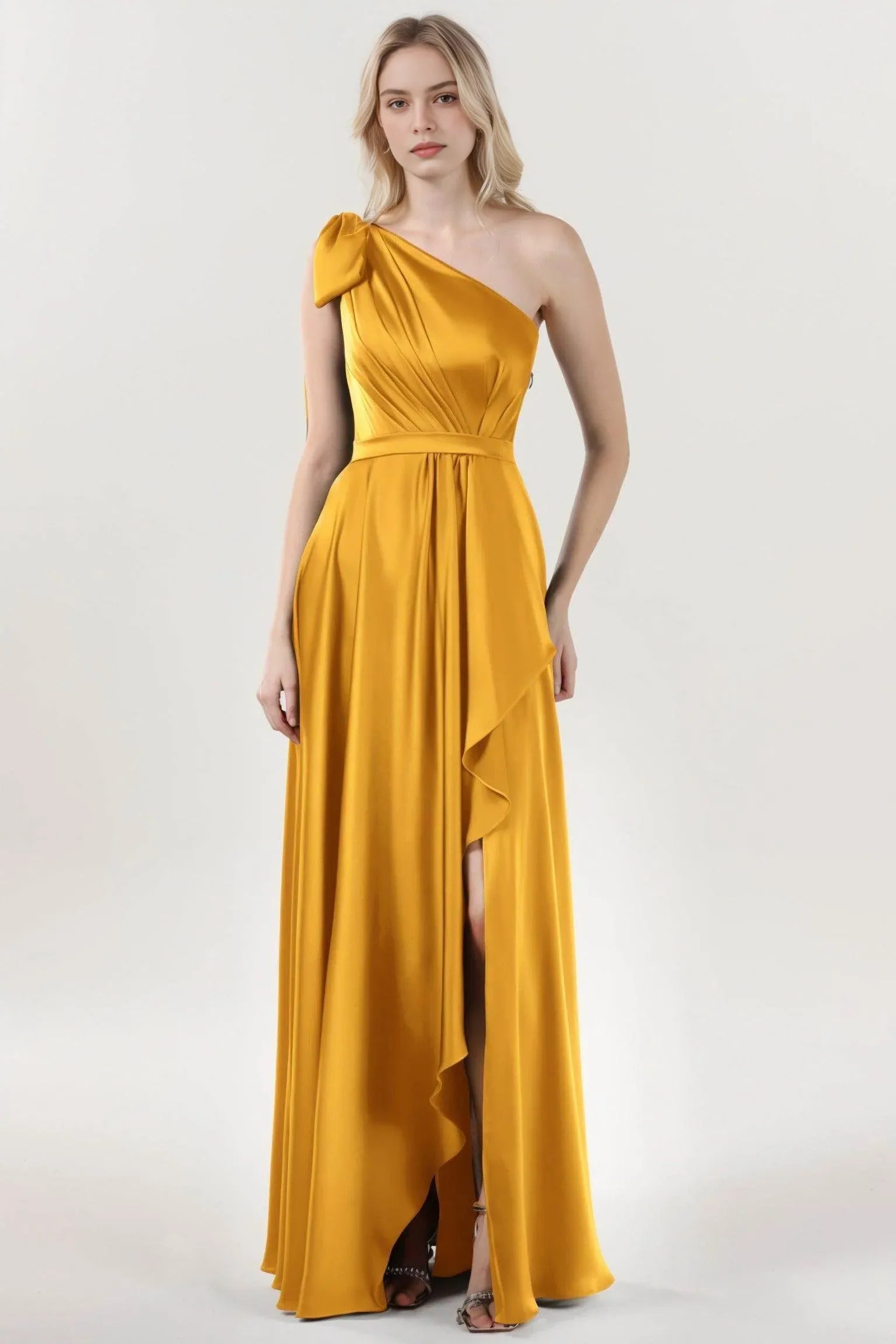 Polished A-Line One-Shoulder Satin Bow-Sash Evening Gown Formal Wedding Guest Dress
