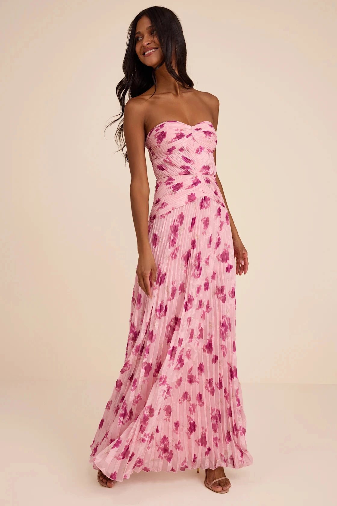 Vedress pink watercolor floral pleated strapless sweetheart a line maxi bridesmaid gown front view