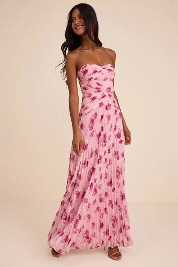 Vedress pink watercolor floral pleated strapless sweetheart a line maxi bridesmaid gown front view