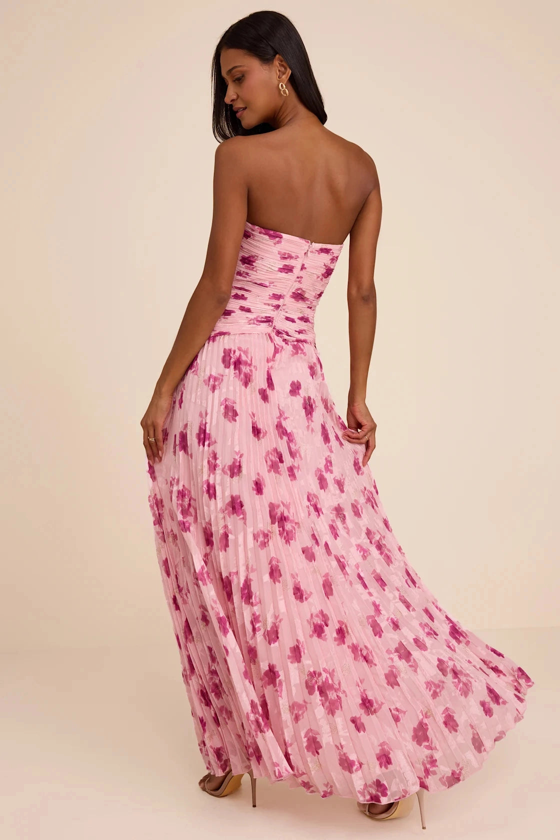 Pink Floral A Line Strapless Sweetheart Open Back Maxi Bridesmaid Gown Vedress