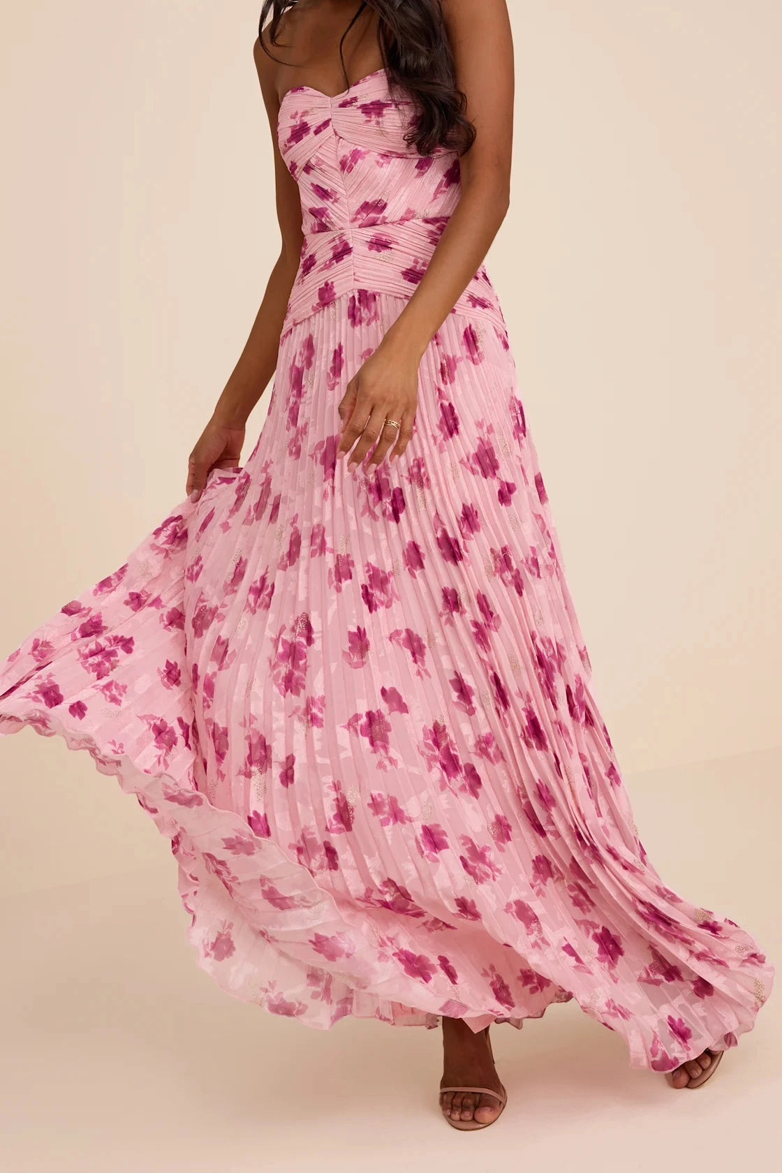 Pink Floral A Line Strapless Sweetheart Open Back Maxi Bridesmaid Gown Vedress