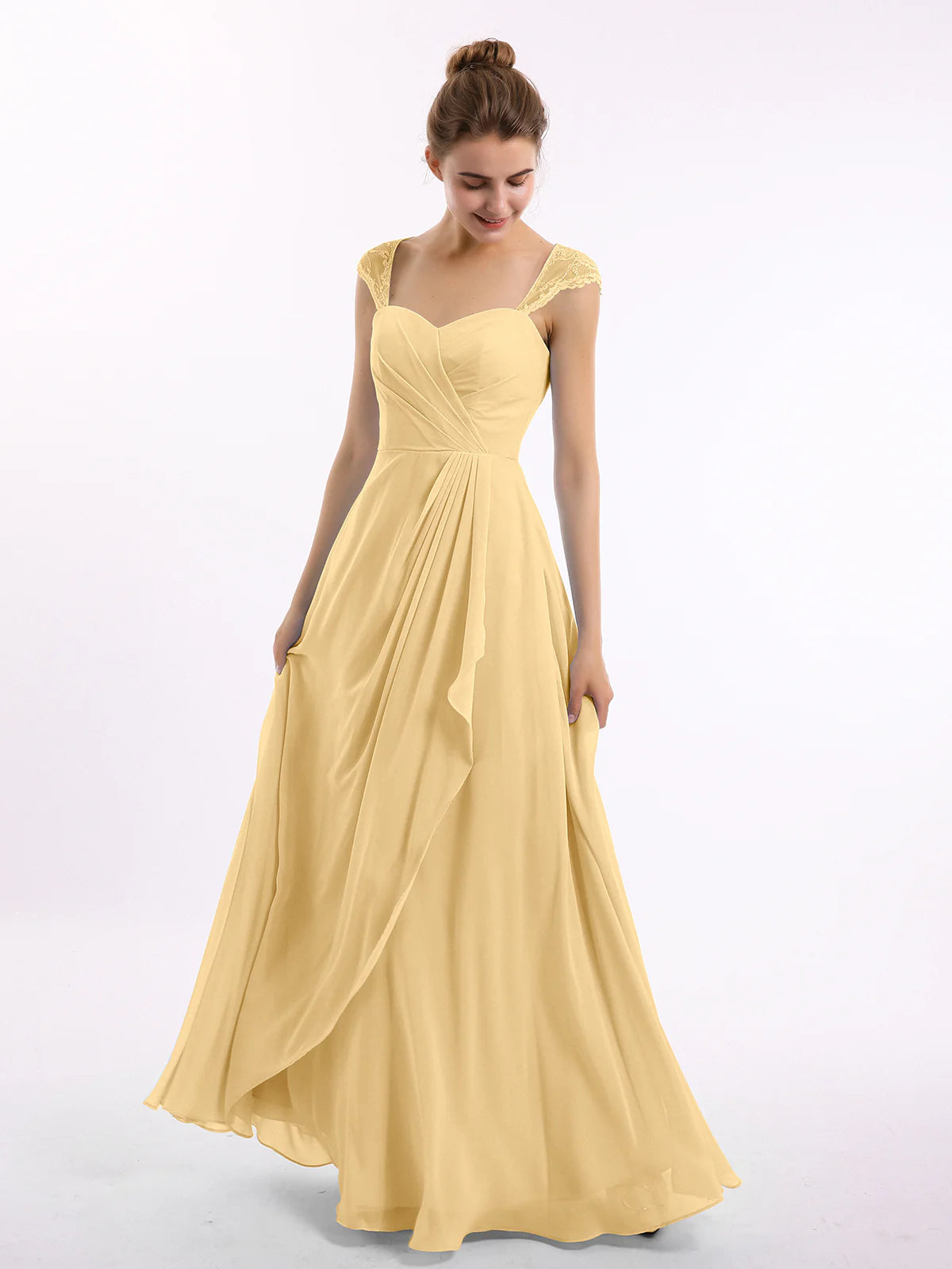 Vestido largo de dama de honor de chifón con escote corazón, encaje en las mangas, espalda descubierta y drapeado, con bolsillos