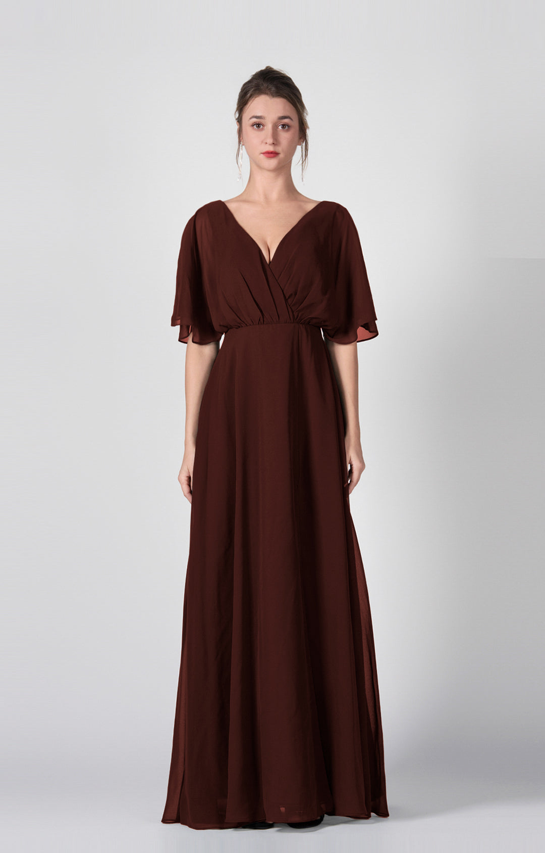 Women's Elegant Chiffon V-Neck Bridesmaid Dress Flutter Sleeves with Front Slit Formal Evening Gown