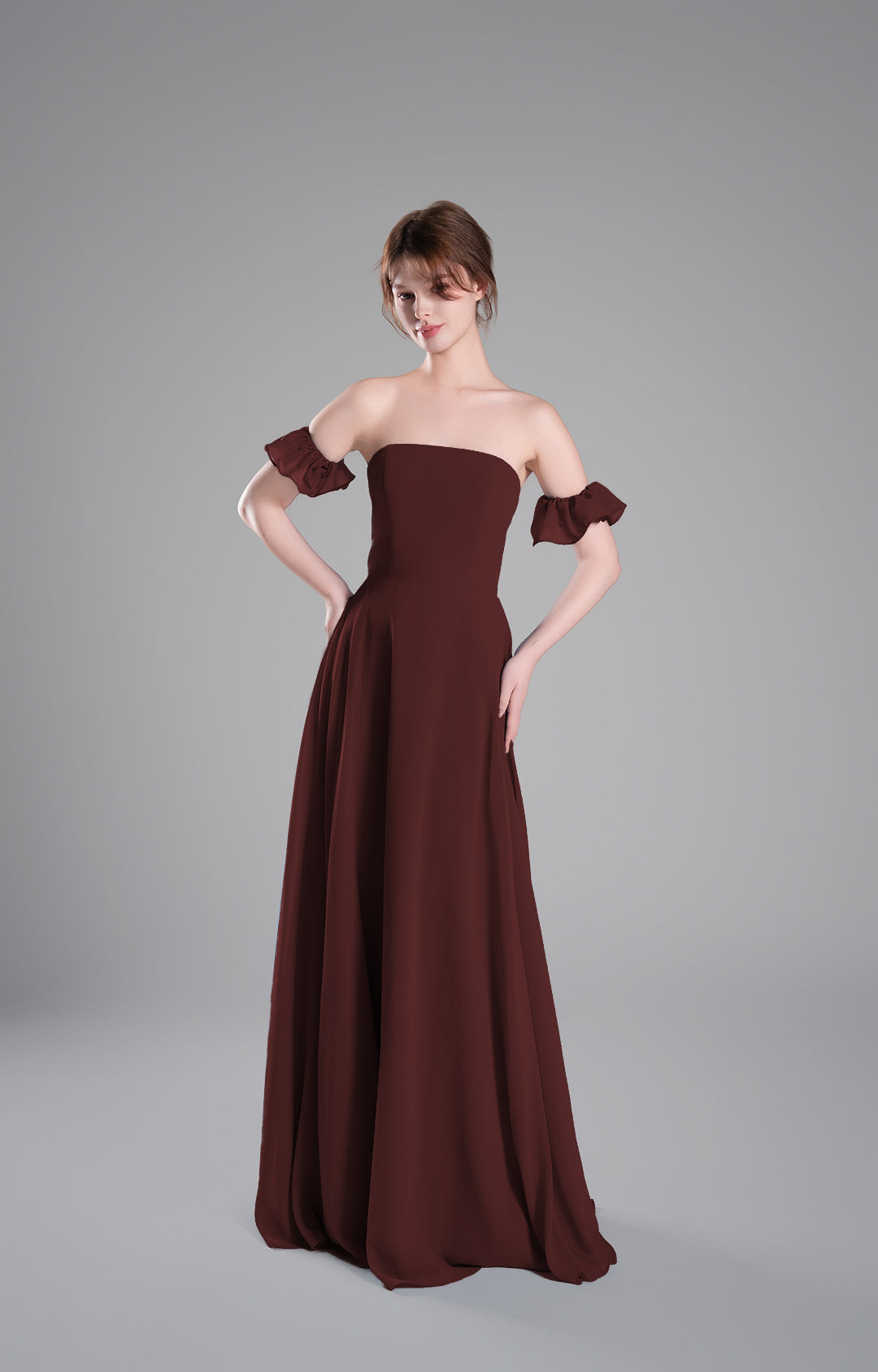 Elegante vestido de dama de honor de gasa con hombros descubiertos, vestido largo formal de noche, mangas con volantes, corpiño entallado, vestidos de fiesta con corte en A
