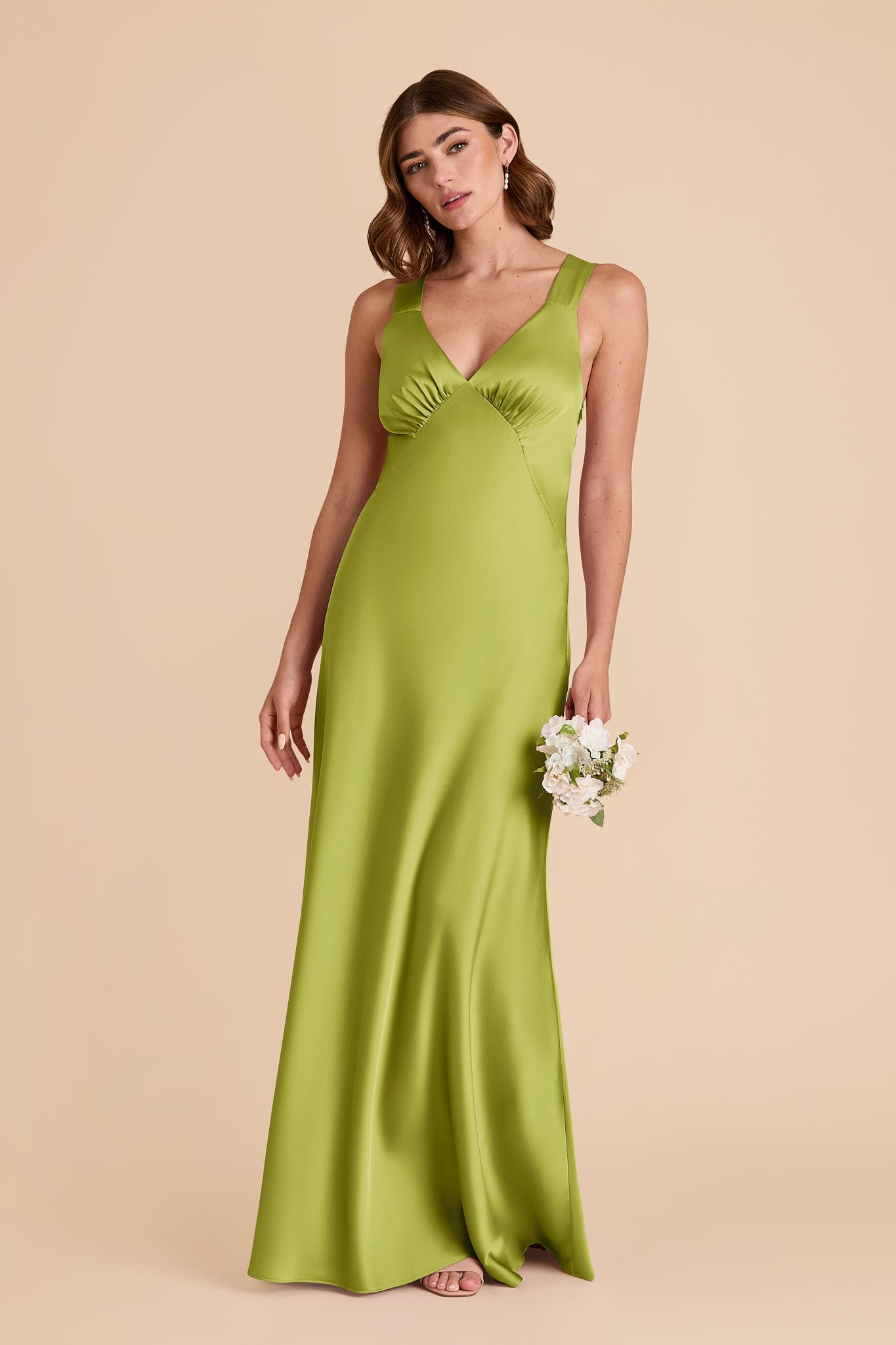 Women's Satin V-Neck Bridesmaid Dresses Maxi Dress with Crisscross Back Straps & Ruched Bust Formal Evening Gown
