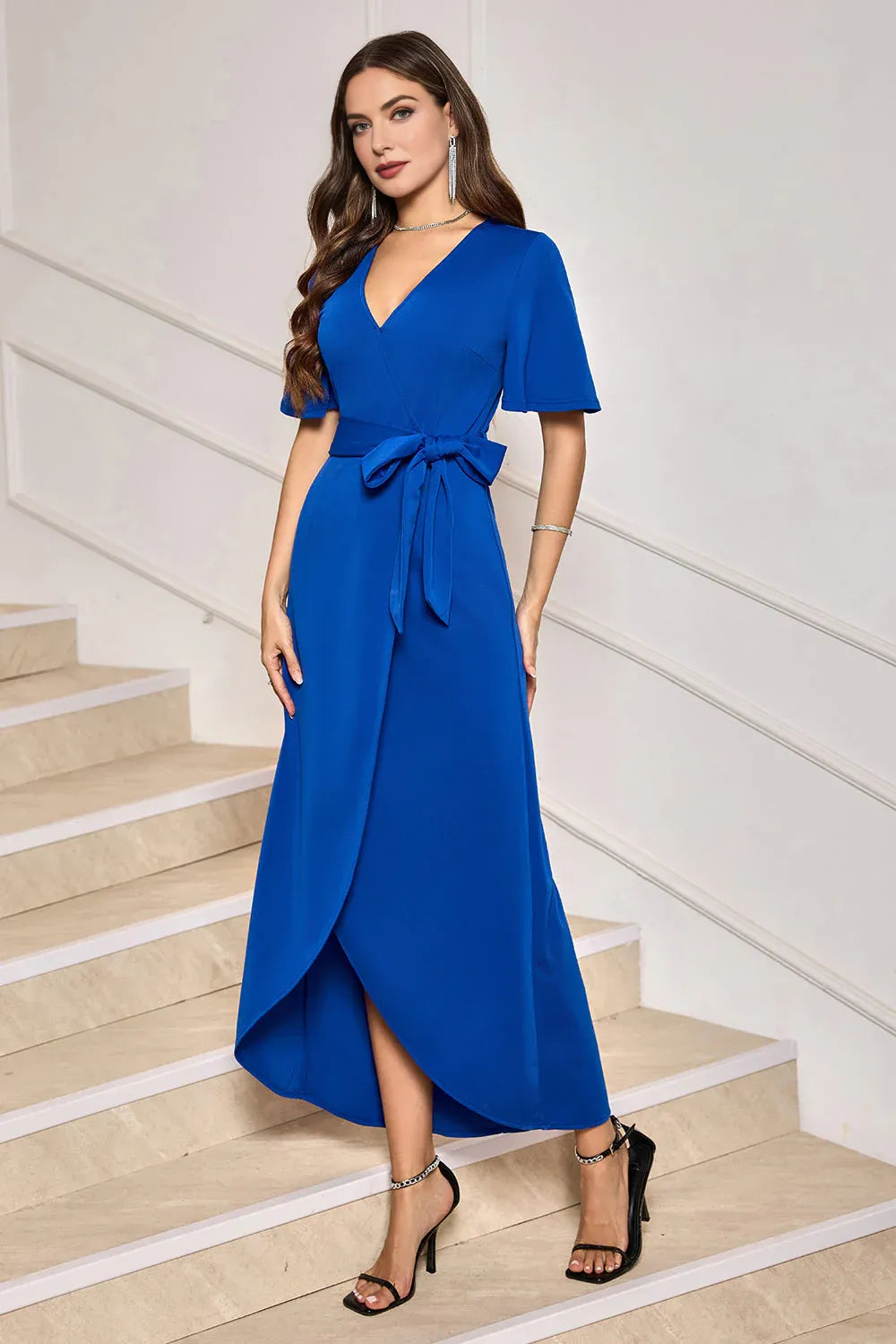 V Neck Formal Maxi Wrap Sash Mother of the Bride Dress Party Evening Dress