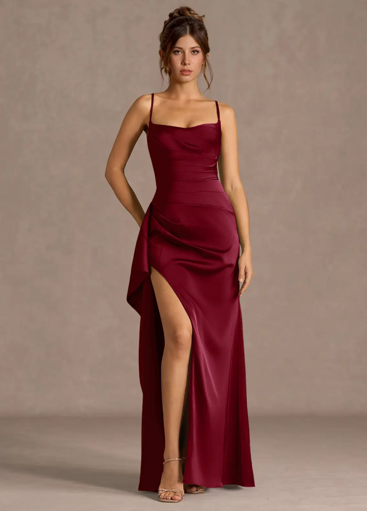 Women's Sleeveless Sweetheart Neck Evening Gown Maxi Dress Satin Solid Backless with Side Draped High Slit