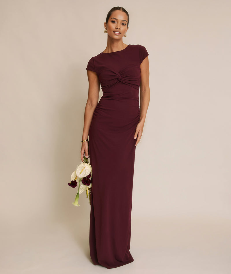 Formal Twist Bust Stretch Bodycon Short-sleeve Floor length Bridesmaid Dress Maxi Dress