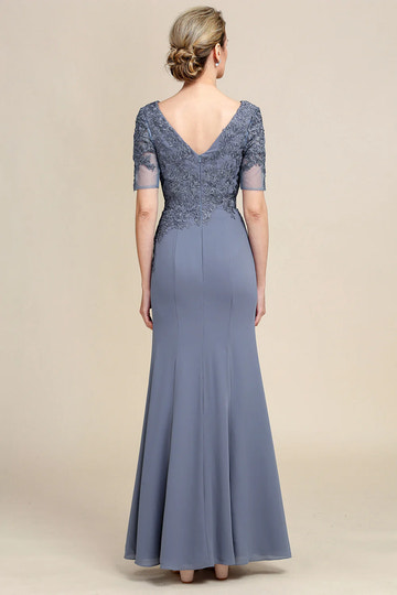 Mermaid Bateau Neck Mesh Mother of the Bride Dress Maxi Lace EveningGown