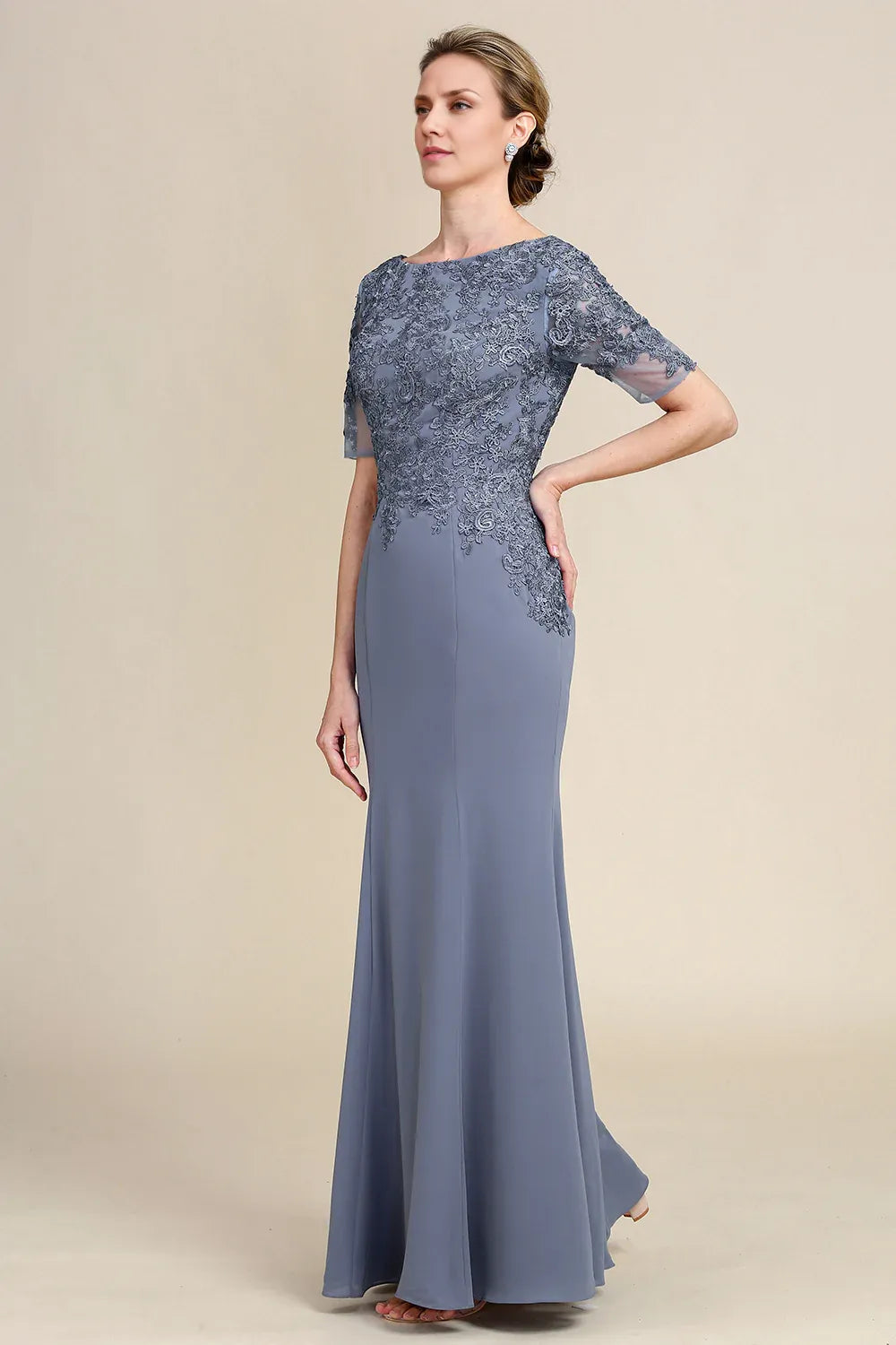 Mermaid Bateau Neck Mesh Mother of the Bride Dress Maxi Lace EveningGown