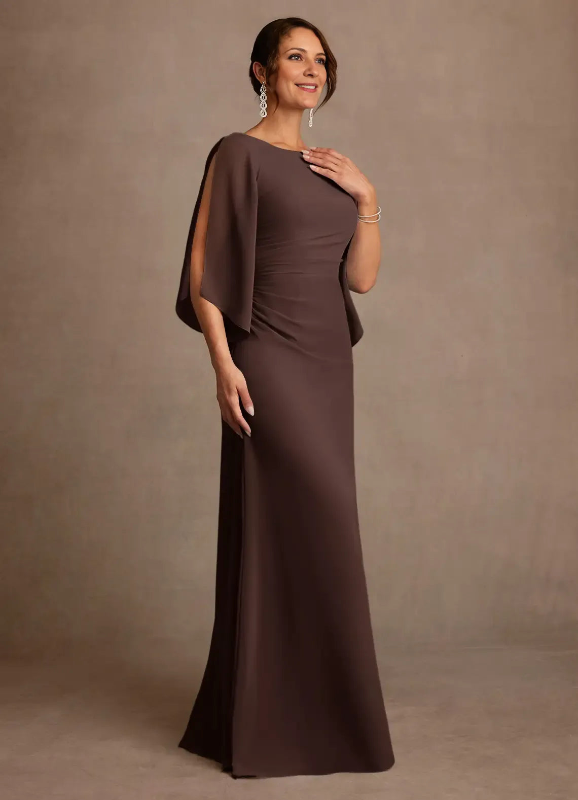Mermaid Boat Neck Chiffon Floor Length Cape Sleeve Maxi Dress