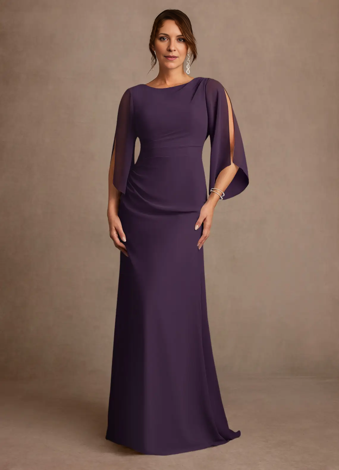 Mermaid Boat Neck Chiffon Floor Length Cape Sleeve Maxi Dress