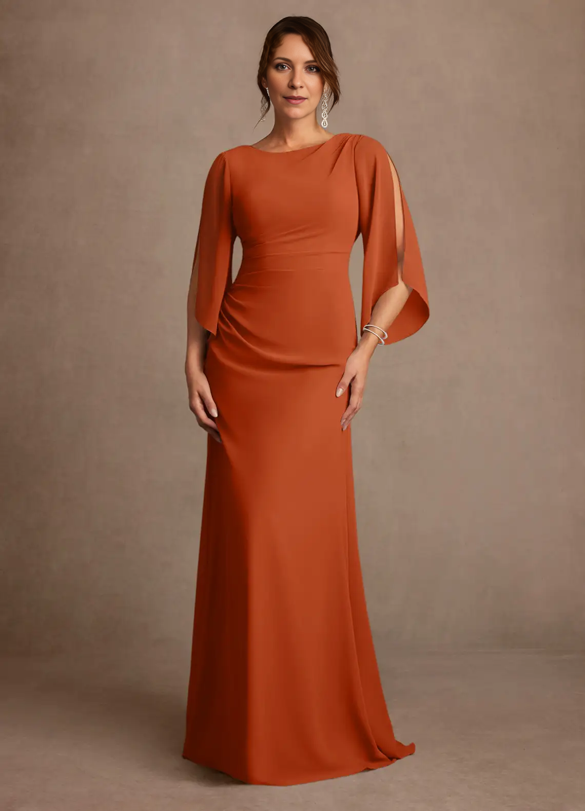 Mermaid Boat Neck Chiffon Floor Length Cape Sleeve Maxi Dress