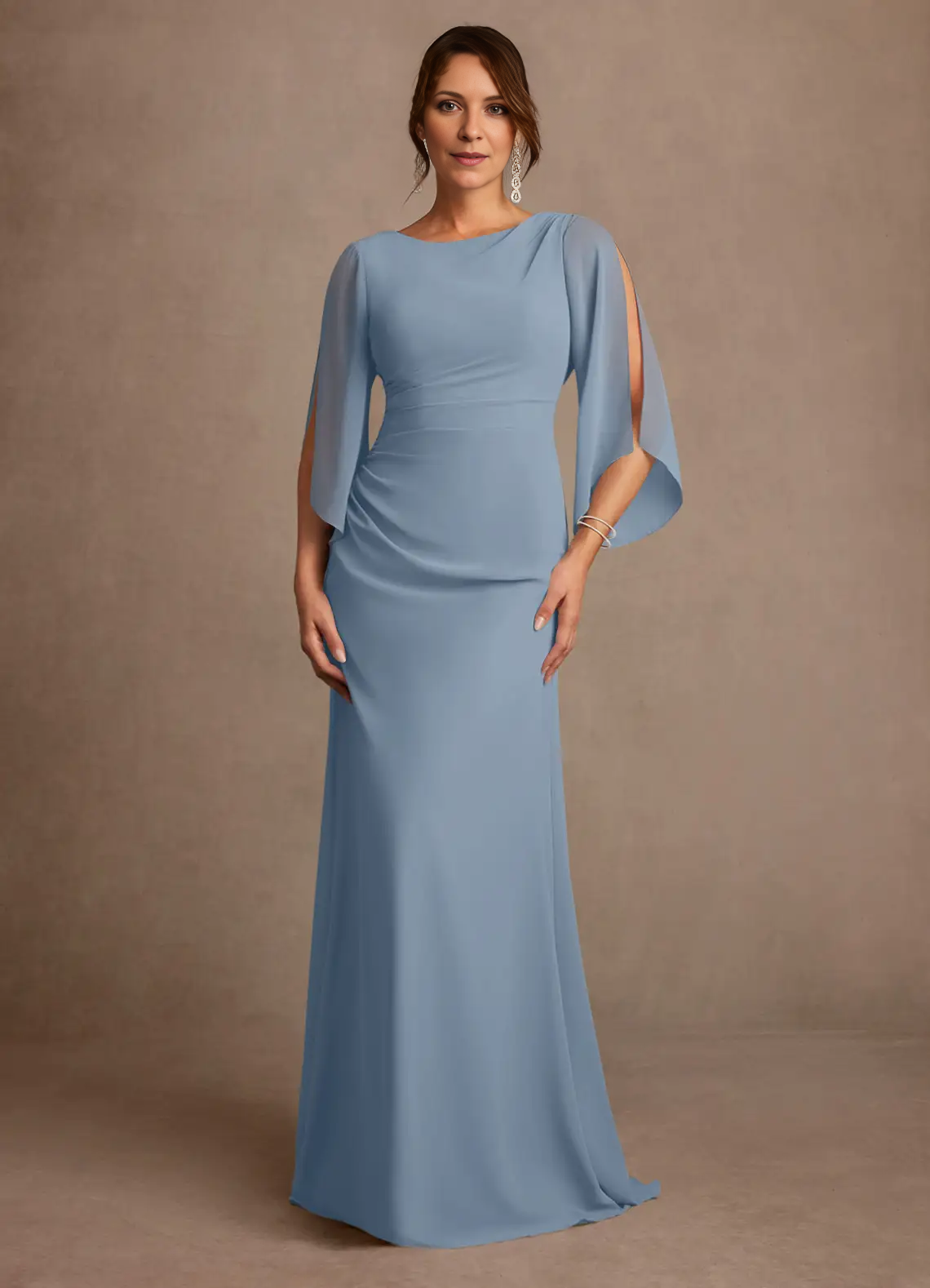Mermaid Boat Neck Chiffon Floor Length Cape Sleeve Maxi Dress
