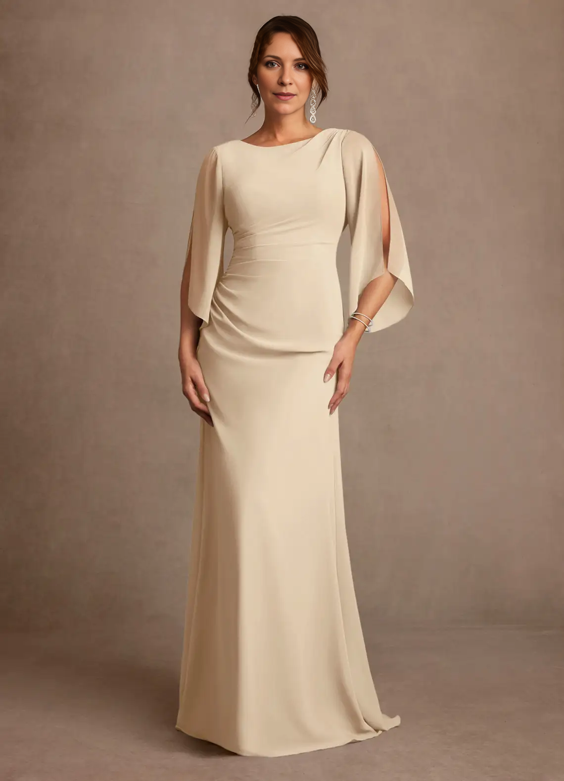 Mermaid Boat Neck Chiffon Floor Length Cape Sleeve Maxi Dress