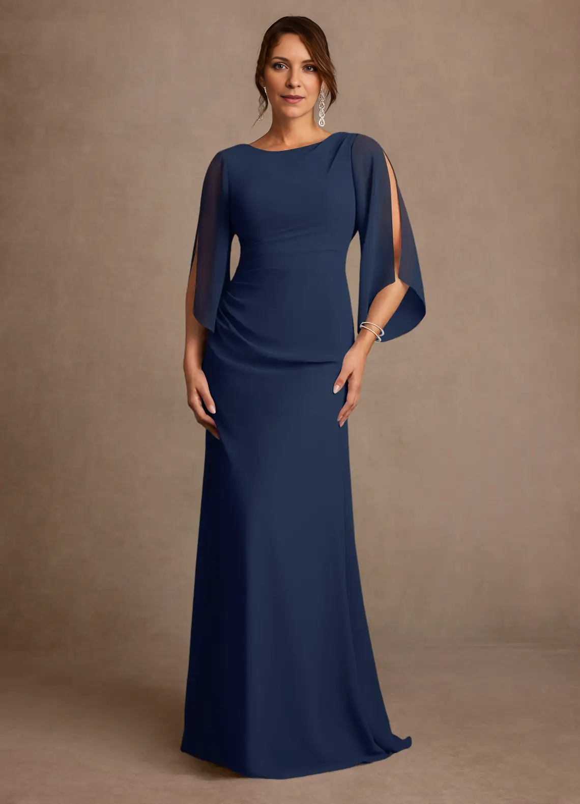 Mermaid Boat Neck Chiffon Floor Length Cape Sleeve Maxi Dress