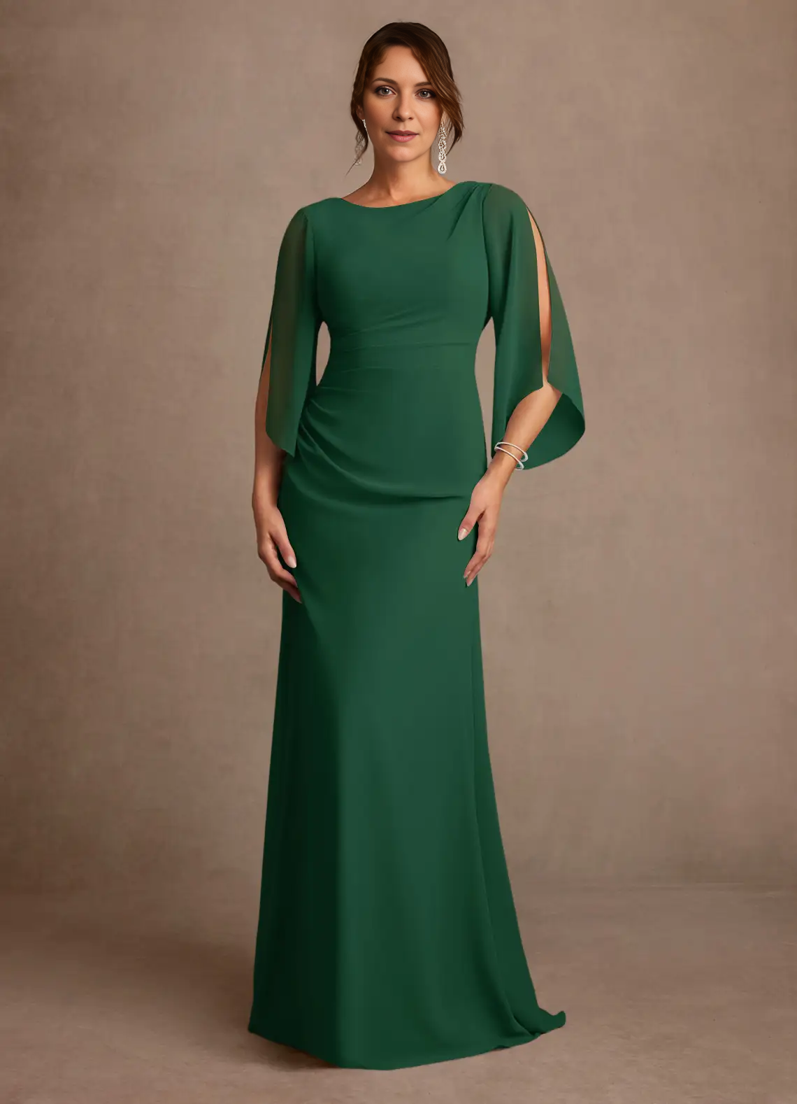 Mermaid Boat Neck Chiffon Floor Length Cape Sleeve Maxi Dress