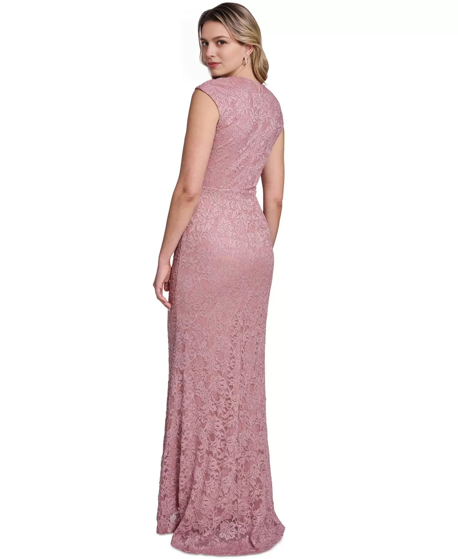 Mermaid Cap Sleeve Lace Floor Length Formal Mother of the Bride Dress With Side Tuck