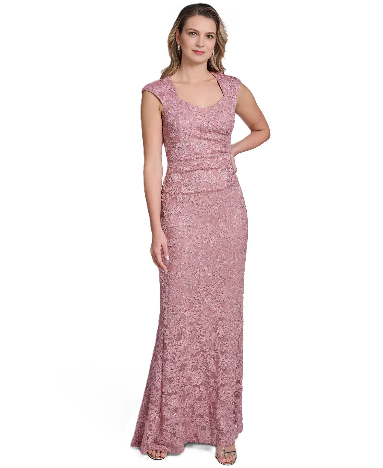 Mermaid Cap Sleeve Lace Floor Length Formal Mother of the Bride Dress With Side Tuck