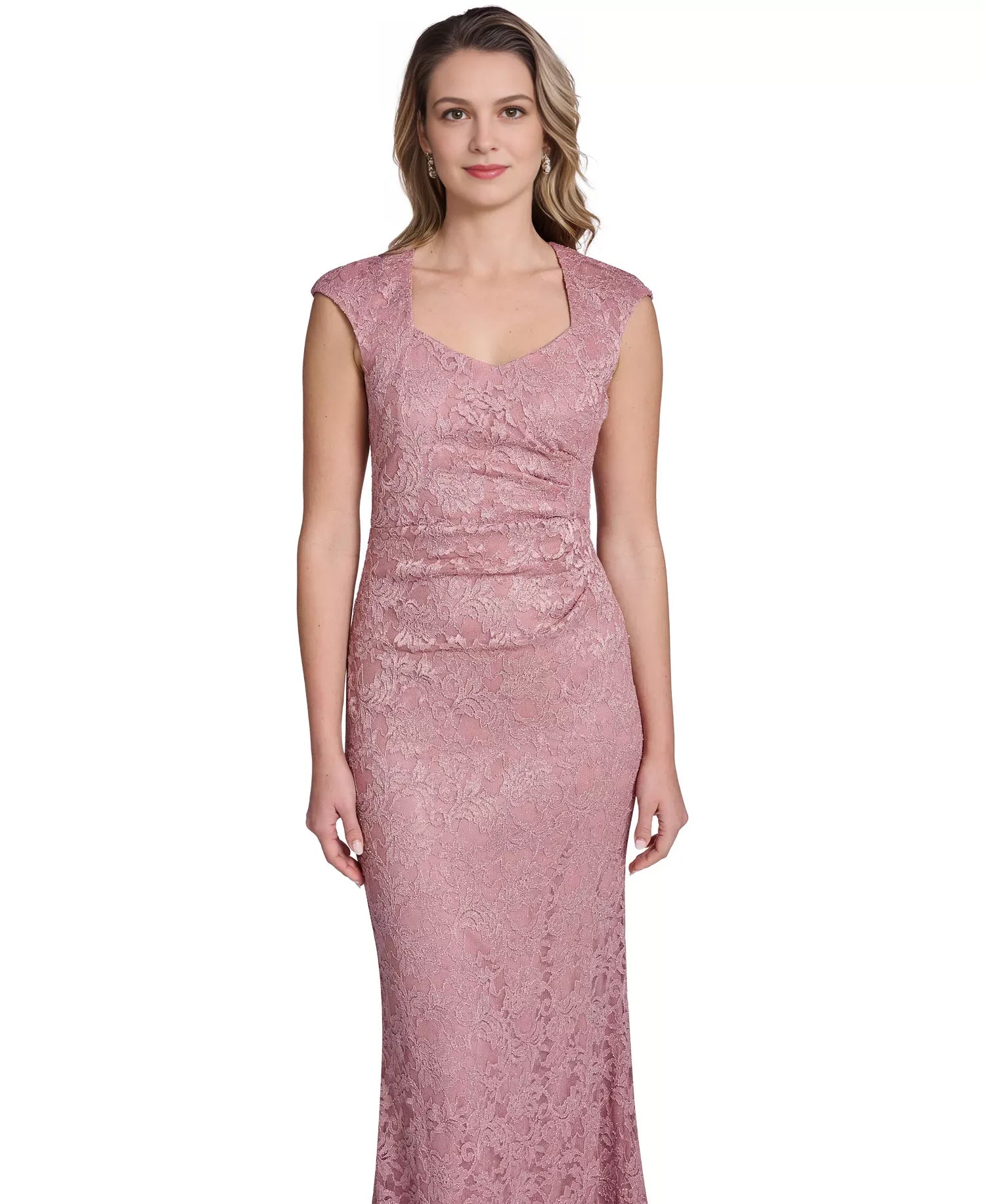 Mermaid Cap Sleeve Lace Floor Length Formal Mother of the Bride Dress With Side Tuck