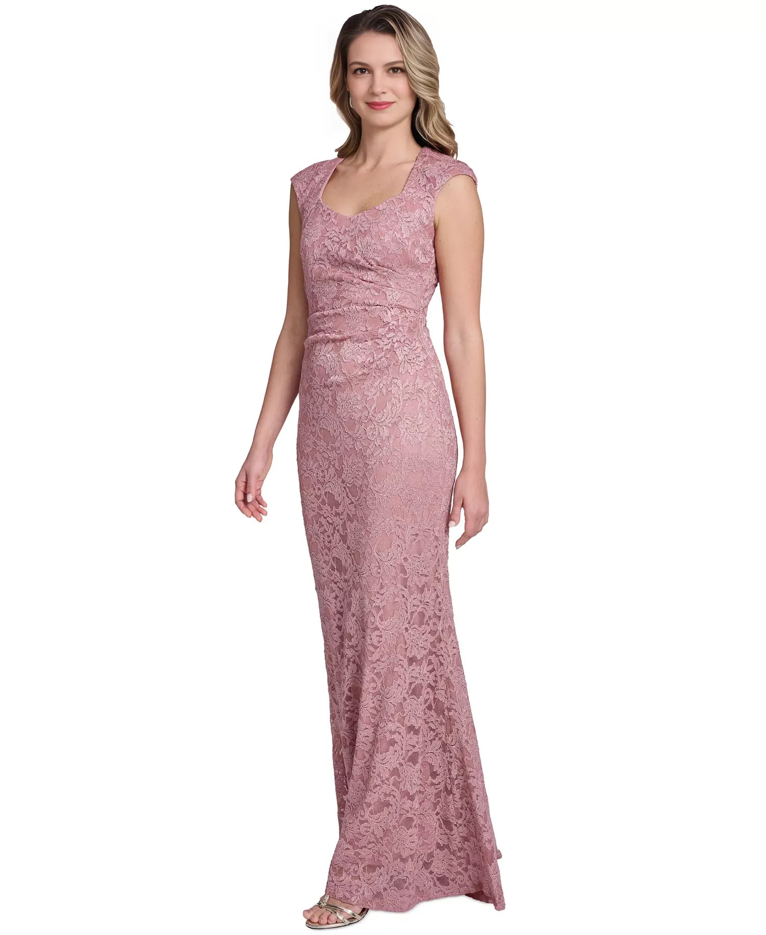 Mermaid Cap Sleeve Lace Floor Length Formal Mother of the Bride Dress With Side Tuck