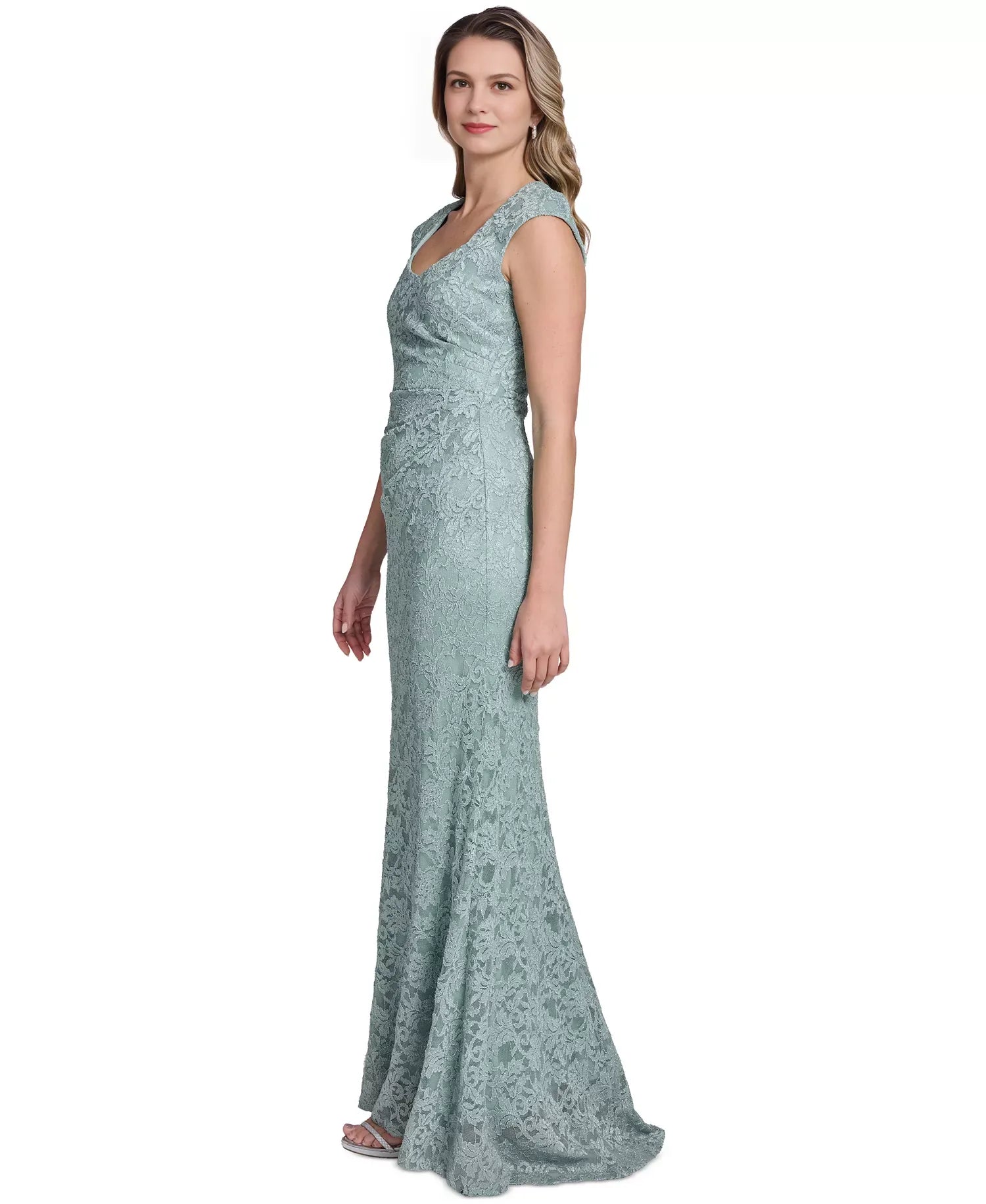 Mermaid Cap Sleeve Lace Floor Length Formal Mother of the Bride Dress With Side Tuck