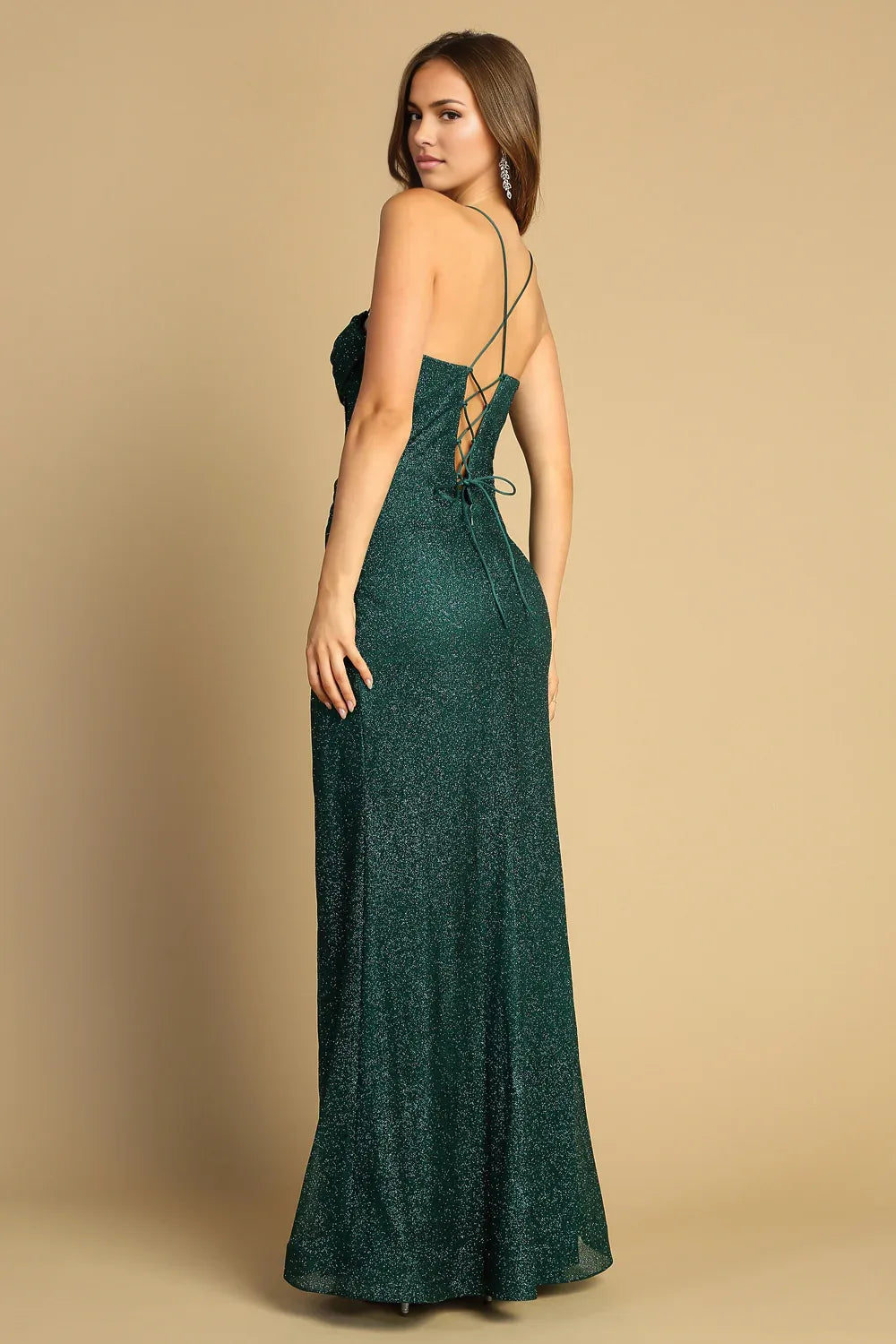 Vestido de fiesta largo de sirena con purpurina, escote drapeado, tirantes finos, corsé y abertura