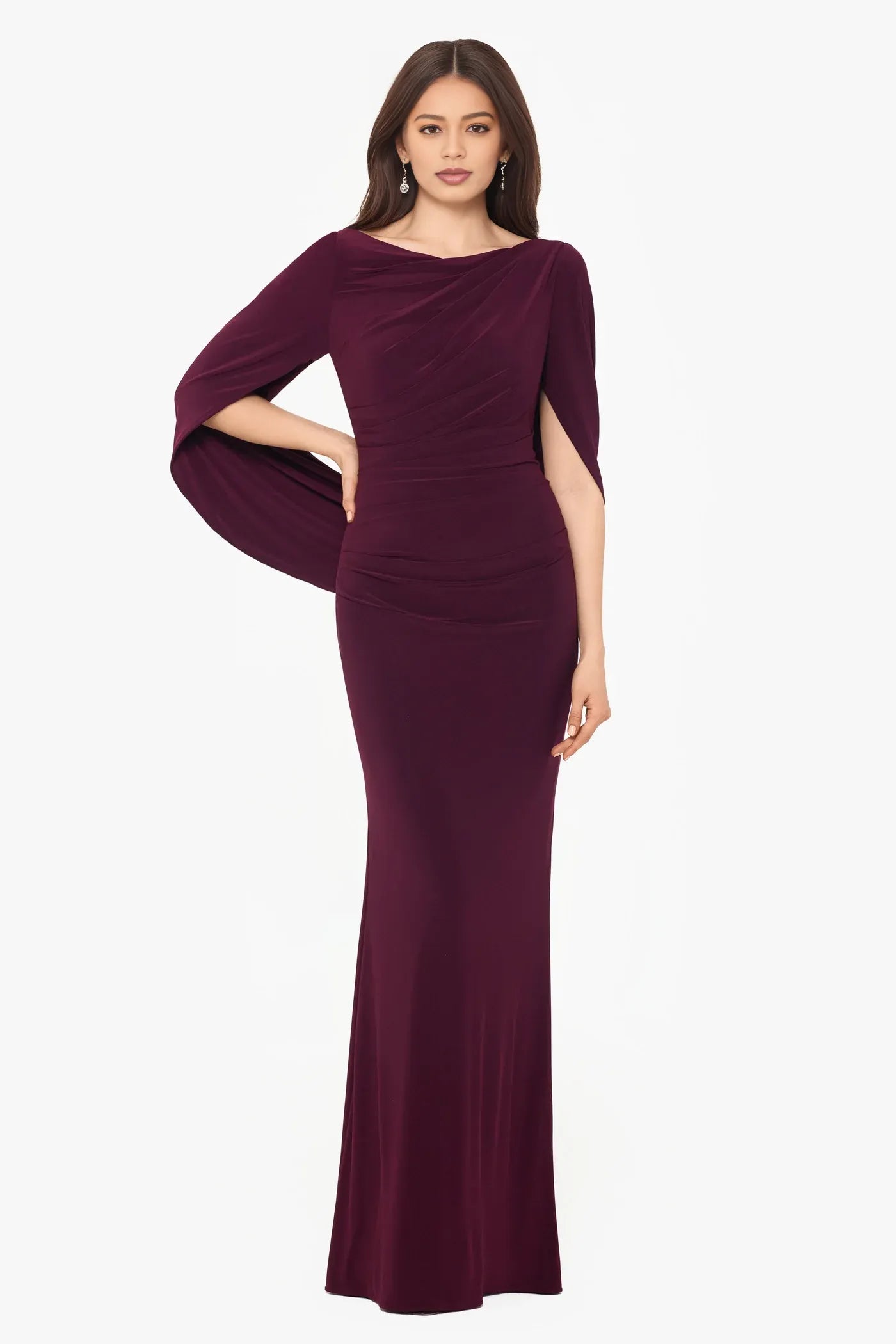 Elegant Mermaid Draped Sleeve Formal Gown Flared Silhouette Mother of the Bride Dress