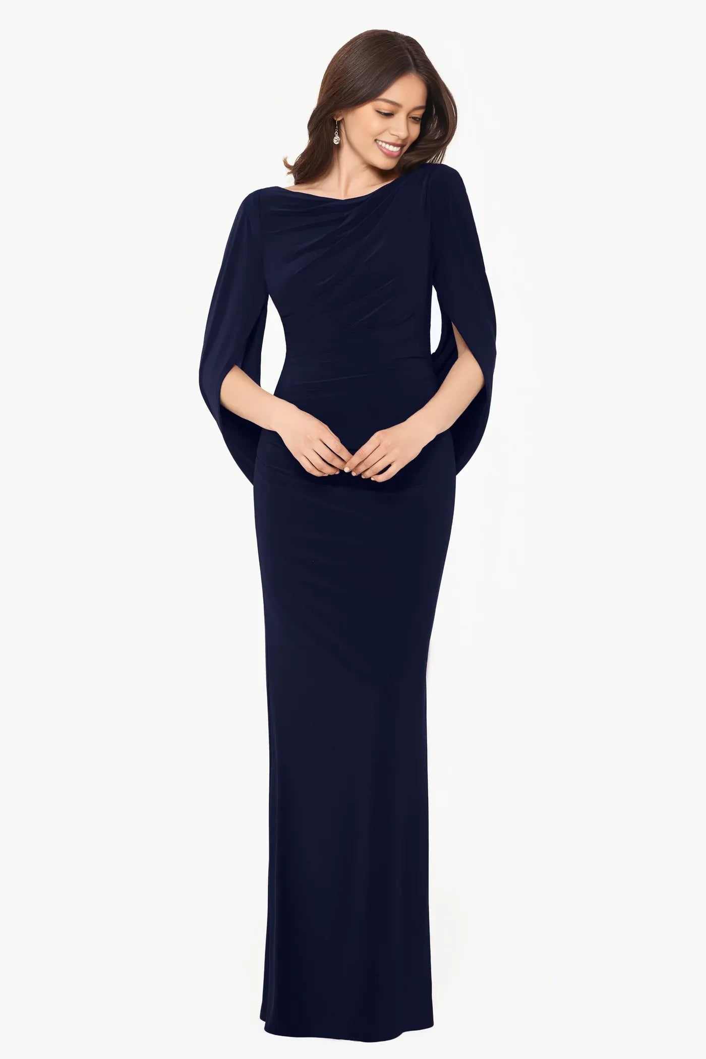 Elegant Mermaid Draped Sleeve Formal Gown Flared Silhouette Mother of the Bride Dress